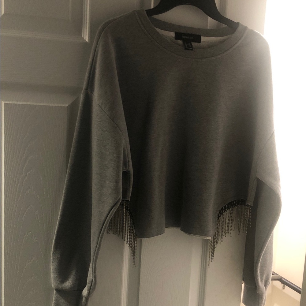 Forever 21 Grey Cropped Crewneck Sweater with Chain Fringe